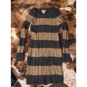 Knit striped sweater dress. Grey and tan.